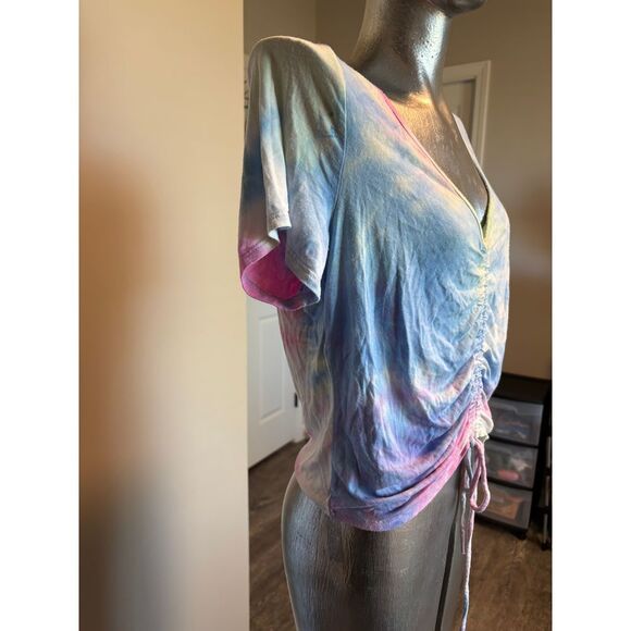 Gaze Rainbow Tie Dye Ruched Tie Short Sleeve Crop Top - Picture 4 of 6